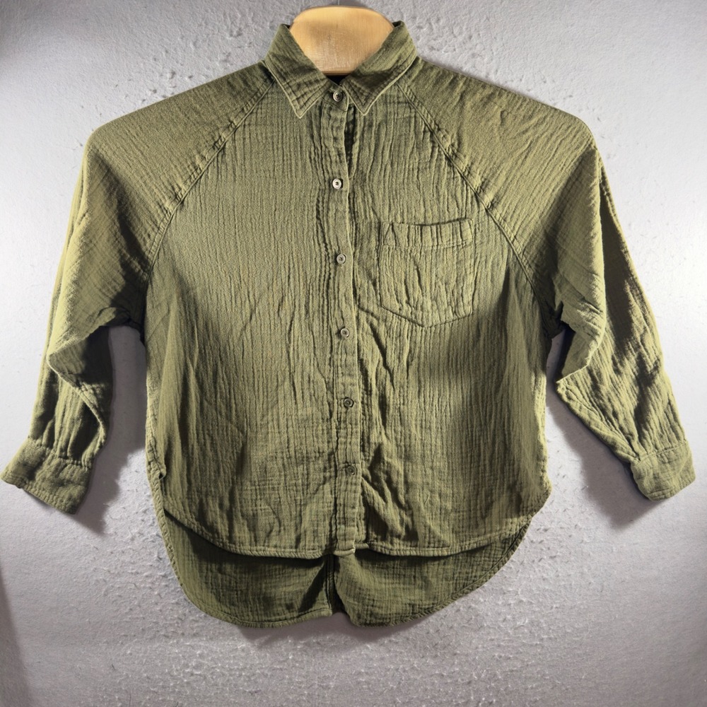 3115 | Wilfred Free Organic Cotton Gauze Button Down Shirt Olive Green Womens XS